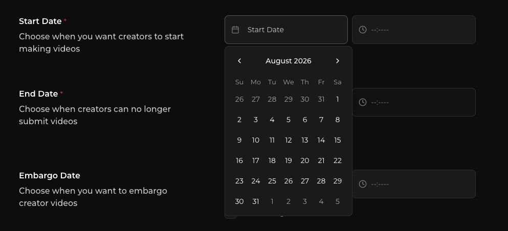 Campaign details form with title, start date, end date, and embargo date fields