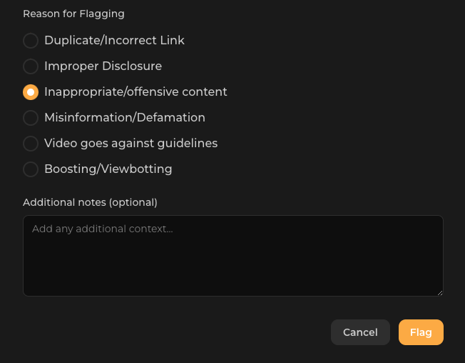 Reason for Flagging dialog with flag reasons and an optional notes field
