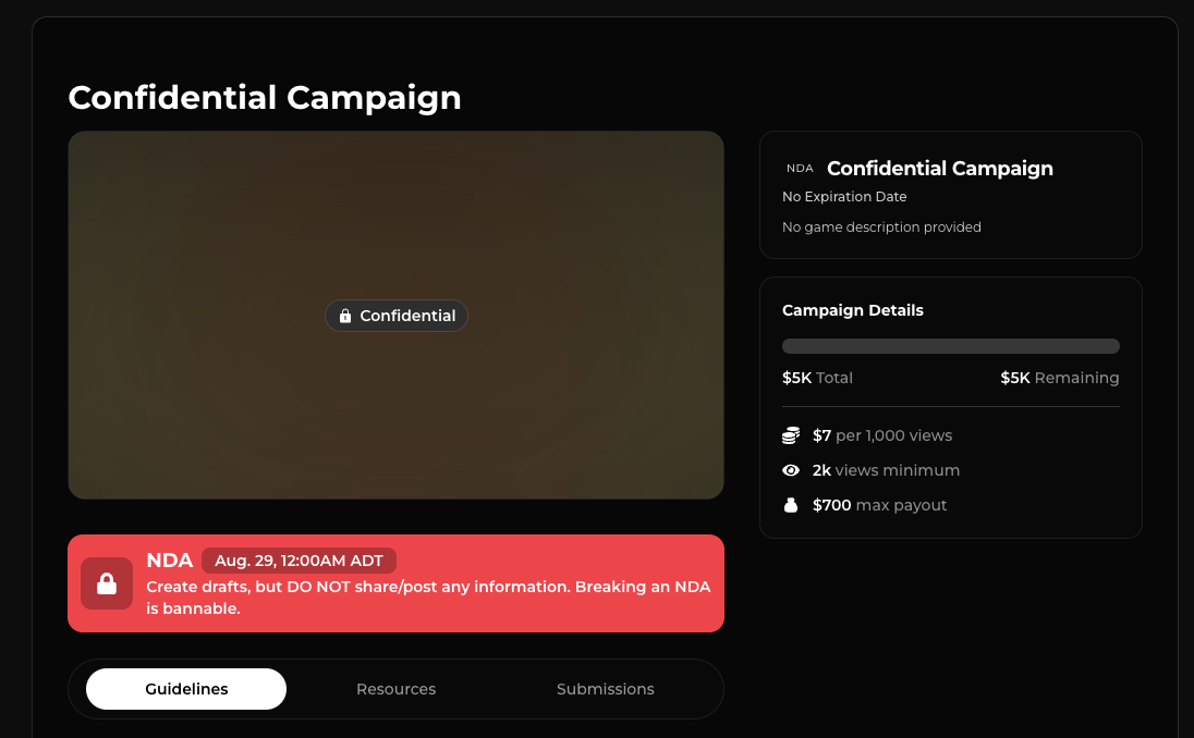 NDA-protected campaign as creators see it before signing