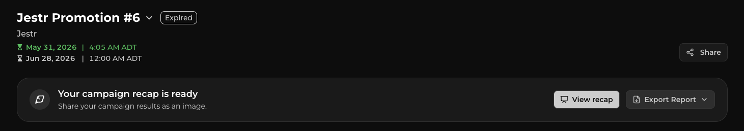 Reporting bar at the top of a completed campaign overview