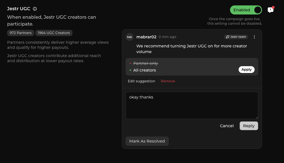 Replying to and resolving a campaign review comment