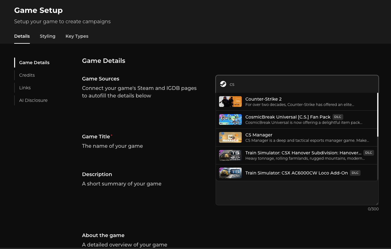 Game Setup search showing Steam results for a game